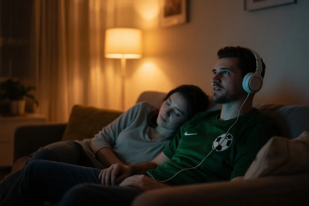 深夜两人共享观赛时刻：一人戴耳机看比赛，另一人靠在旁边小憩