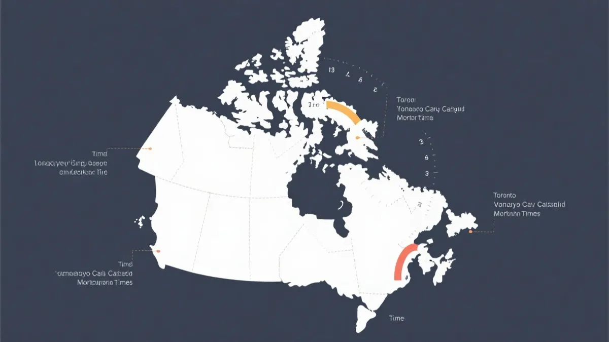 加拿大地图轮廓与时区分区视觉，多伦多温哥华卡尔加里蒙特利尔时间换算信息图风格